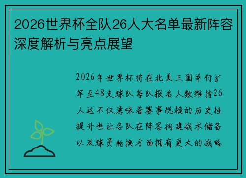 2026世界杯全队26人大名单最新阵容深度解析与亮点展望