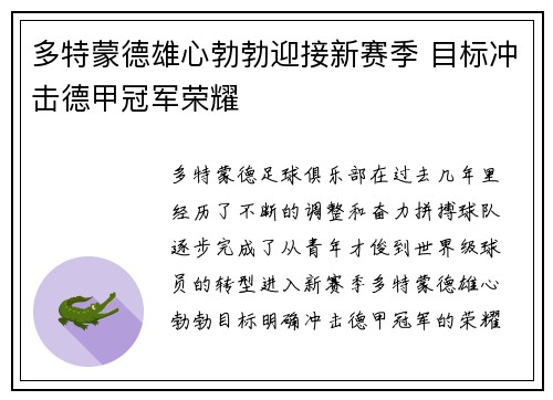 多特蒙德雄心勃勃迎接新赛季 目标冲击德甲冠军荣耀
