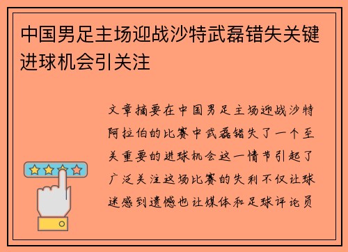 中国男足主场迎战沙特武磊错失关键进球机会引关注