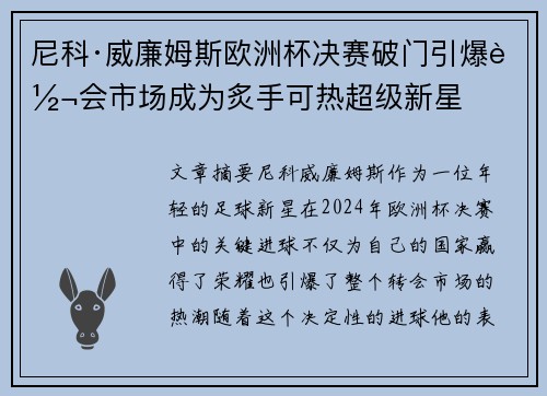 尼科·威廉姆斯欧洲杯决赛破门引爆转会市场成为炙手可热超级新星