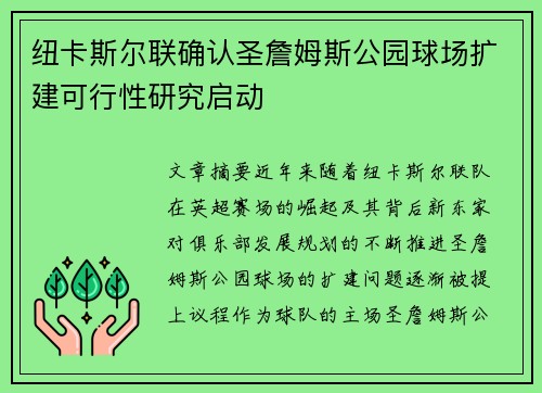 纽卡斯尔联确认圣詹姆斯公园球场扩建可行性研究启动