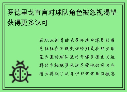 罗德里戈直言对球队角色被忽视渴望获得更多认可